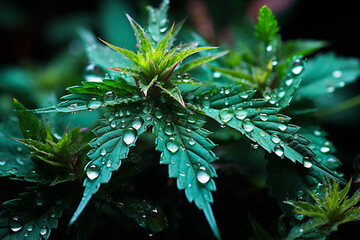 Poster - A macro image of cannabis leaves with visible trichomes and bright green hues. Painted  Generative AI technology.