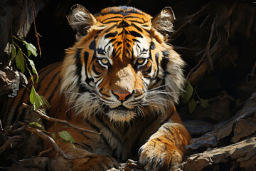 Poster - A tiger basking in the sunlight, its distinctive orange coat adorned with dark stripes. Painted Generative AI technology.