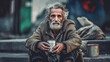 A homeless beggar man sitting outdoors in city asking for money donation. Generative Ai