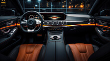 Modern Luxury Car Interior Details, Steering Wheel, Gearshift Lever, And Dashboard.