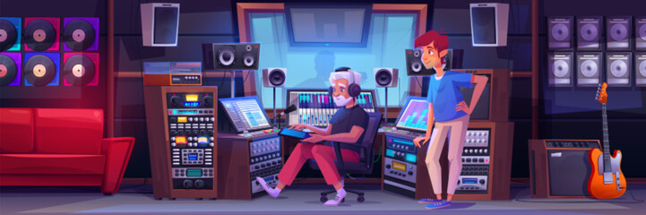 Wall Mural - Man producer in sound record studio room cartoon game vector illustration. Music radio production equipment workstation for professional singer with mixer, microphone, guitar and synthesizer.