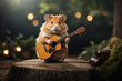 A hamster musician stands in the forest on a stump and plays the guitar.