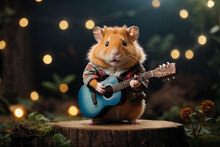 A Hamster Musician Stands In The Forest On A Stump And Plays The Guitar.