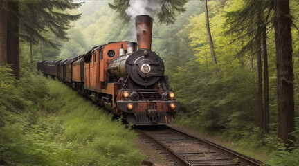 Antique locomotive chugs through mountainous forest in abandoned railroad track by Generative AI