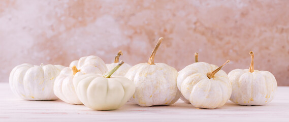 Wall Mural - Autumn border arrangement of white pumpkins