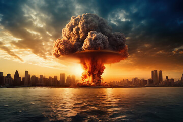 Nuclear explosion against the backdrop of a large city on the sea or ocean. Sunset. Apocalypse. War. Nuclear threat. Third World War.