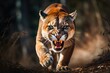Angry cougar or mountain lion hunts its prey