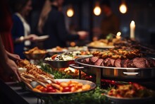 Group Of People On Catering Buffet Food Indoor In Restaurant With Grilled Meat.