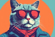 Risograph Print Style With Cat, Pop Art Style Illustration