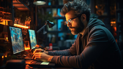 Professional it specialist using device writing code. Generative Ai