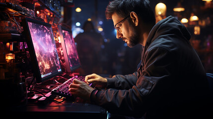 Professional it specialist using device writing code. Generative Ai
