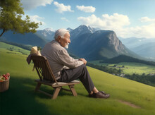 Realistic Elder Man Sit Backwards On A Hill With Village Scenery By Generative AI