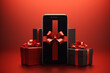 Black Friday sale: smartphone with a red 3d ribbon and gift boxes in the background, red and black