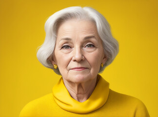 Sticker - Realistic photo of older women with an yellow background by Generative AI