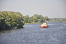 Pusher Tug With A Barge On The Pripyat River, Belarus.
