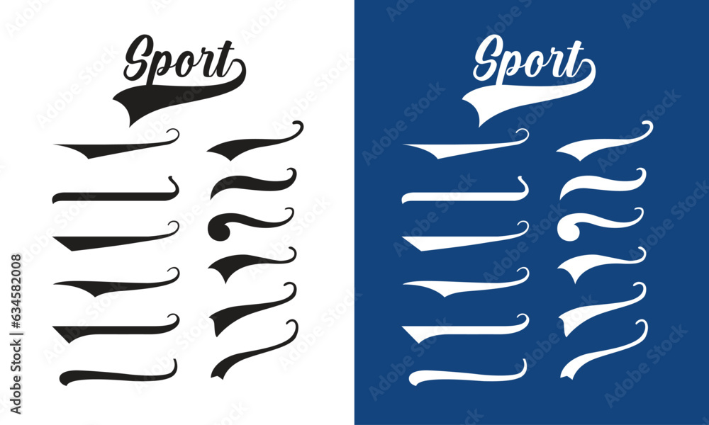 Calligraphic swoosh. Underline, highlighter marker strokes, waves brush marks. calligraphic swoosh tail set collection. Vector baseball & football swooshes, vintage sports logo graphics