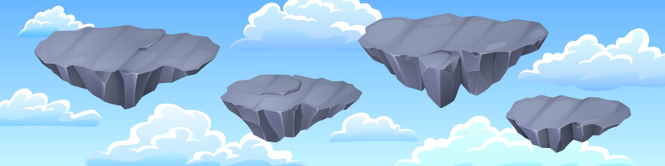 Wall Mural - gray stone floating islands in blue sky with clouds - game flying rock platforms for level ui design