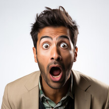 Professional Studio Head Shot Of A Playful 30-year-old Pakistani Man Sticking His Tongue Out Slightly.