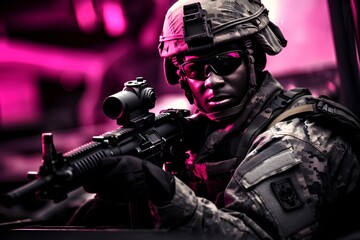 Wall Mural - Soldier with the latest mechanized equipment, sepia, magenta black, cyan with a black background. generative AI