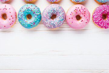 Wall Mural - colorful donuts on white wooden table, flat lay - Generative Ai