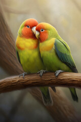 Aufkleber - A pair of lovebirds perched on a branch, symbolizing the affection and strong bond between these small parrot species and their owners. Generative AI technology.