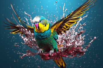 Aufkleber - An vibrant photograph of a Budgerigar splashed in bright paint, contemporary colors and mood social background. Generative AI technology.