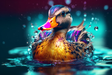 Aufkleber - An vibrant photograph of a Duck splashed in bright paint, contemporary colors and mood social background.  Generative AI technology.