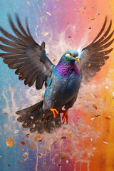 Aufkleber - An abstract surreal photograph of a Pigeon splashed in bright paint, contemporary colors and mood social background. Generative AI technology.