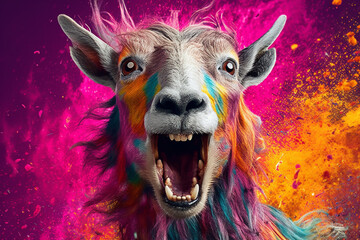 Aufkleber - An vibrant photograph of a Goat splashed in bright paint, contemporary colors and mood social background. Generative AI technology.