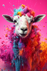 Aufkleber - An abstract surreal photograph of a Sheep splashed in bright paint, contemporary colors and mood social background. Generative AI technology.