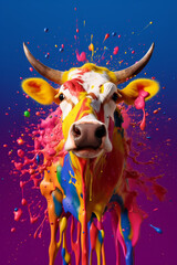 Aufkleber - An abstract surreal photograph of a Cow splashed in bright paint, contemporary colors and mood social background. Generative AI technology.