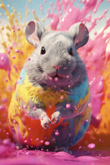 Poster - An abstract surreal photograph of a Chinchilla splashed in bright paint, contemporary colors and mood social background.  Generative AI technology.