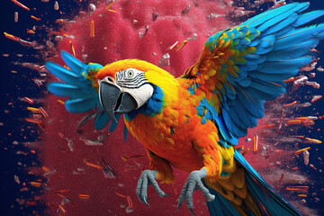 Aufkleber - An vibrant photograph of a Macaw splashed in bright paint, contemporary colors and mood social background.  Generative AI technology.