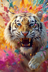 Poster - An abstract surreal photograph of a Tiger splashed in bright paint, contemporary colors and mood social background. Generative AI technology.