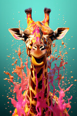 Fototapete - An abstract surreal photograph of a Giraffe splashed in bright paint, contemporary colors and mood social background.  Generative AI technology.