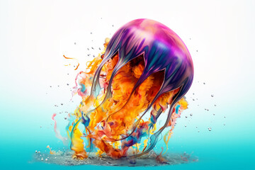 Aufkleber - An vibrant photograph of a Jellyfish splashed in bright paint, contemporary colors and mood social background.  Generative AI technology.
