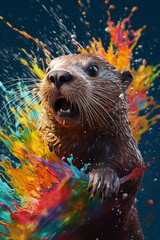 Aufkleber - An abstract surreal photograph of a Otter splashed in bright paint, contemporary colors and mood social background.  Generative AI technology.