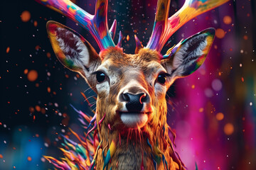 Aufkleber -  An vibrant photograph of a Deer splashed in bright paint, contemporary colors and mood social background.  Generative AI technology.