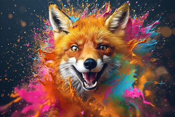 An vibrant photograph of a Fox splashed in bright paint, contemporary colors and mood social background.  Generative AI technology.