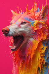 Aufkleber - An abstract surreal photograph of a Wolf splashed in bright paint, contemporary colors and mood social background. Generative AI technology.