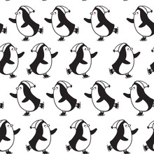 Seamless Pattern With Cute Ice Skating Penguin. Christmas Background In Black And White Colors For The Design Of Wrapping Paper, Children's Clothing, Postcards. Vector
