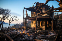Burned Down House, Burned After Devastating Forest Fire Disaster, Climate Change Cause, Total Loss, Damages