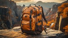 A Backpack Is Placed On A Rocky Cliff With A Backdrop Of Autumn Trees And Mountains.