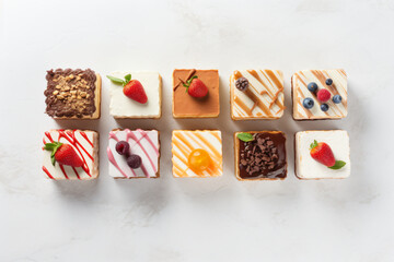 Wall Mural - Pieces of different delicious cakes on white table, flat lay. - Generative AI