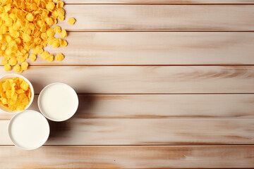 Wall Mural - Tasty cornflakes with milk in bowls on wooden table, flat lay. - Generative AI