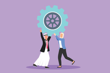 Wall Mural - Cartoon flat style drawing collaboration project. Arabian man and woman lifting gears. People working with cogs. Professional teamwork process cooperation concept. Graphic design vector illustration