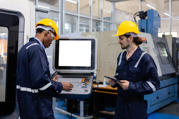 Man engineer using computer blank white screen controlling cnc machine at workshop. Male control automated machine process programming cnc machine at industry manufacturing. Computer Mockup.