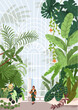 Botanical garden, conservatory with leaf plants. Woman entering into greenhouse park with greenery. Person in glasshouse with glass transparent wall, orangery nature. Flat vector illustration