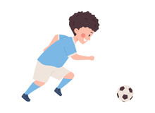 Boy Running And Kicking Ball, Child Soccer Player, Flat Vector Illustration Isolated On White Background.