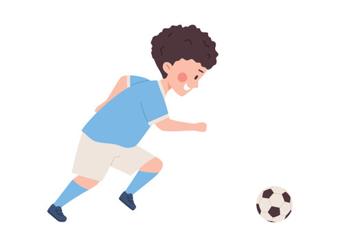 Wall Mural -  - Boy running and kicking ball, child soccer player, flat vector illustration isolated on white background.